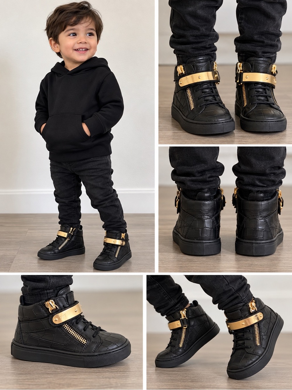 Giuseppe Zanotti Kids Black High-Top Sneakers with Gold Hardware